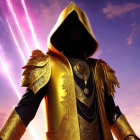 Regal figure in golden cloak with armored shoulders on mystical purple backdrop