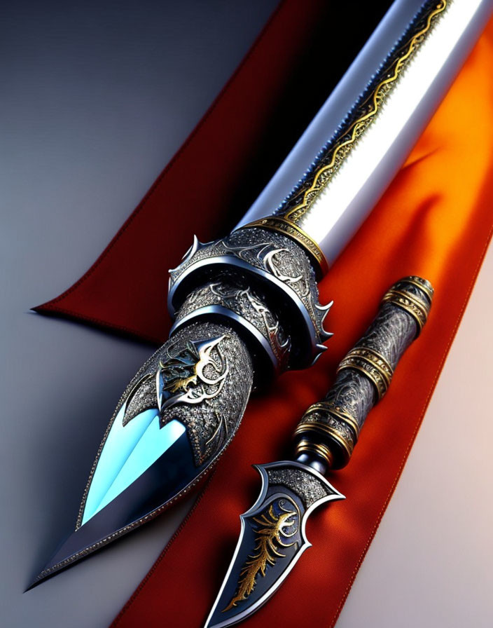 Fantasy sword with silver and gold hilt, blue blade, intricate engravings on red cloth