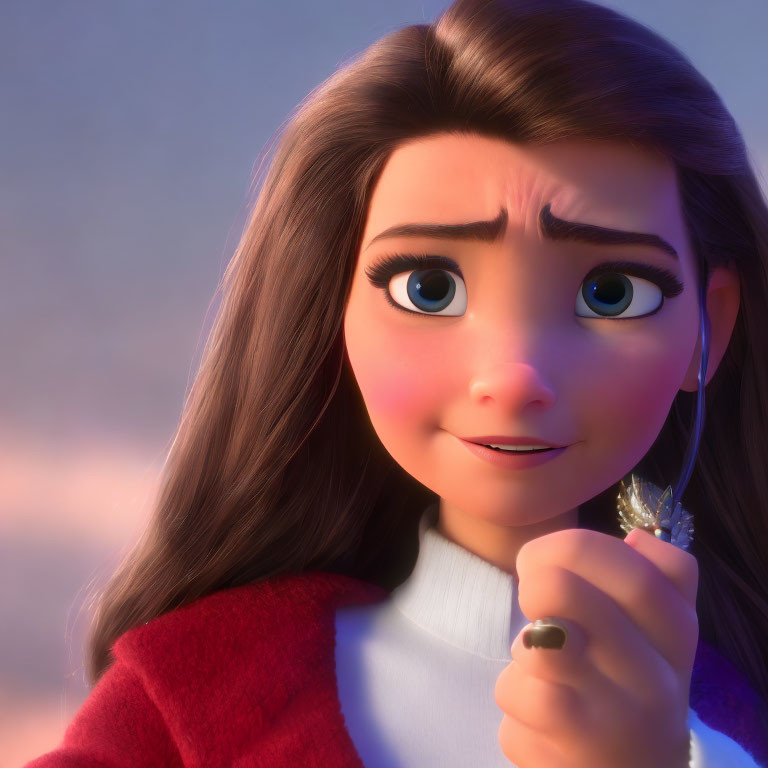 Detailed Close-Up of 3D Female Character with Large Eyes and Red Outfit
