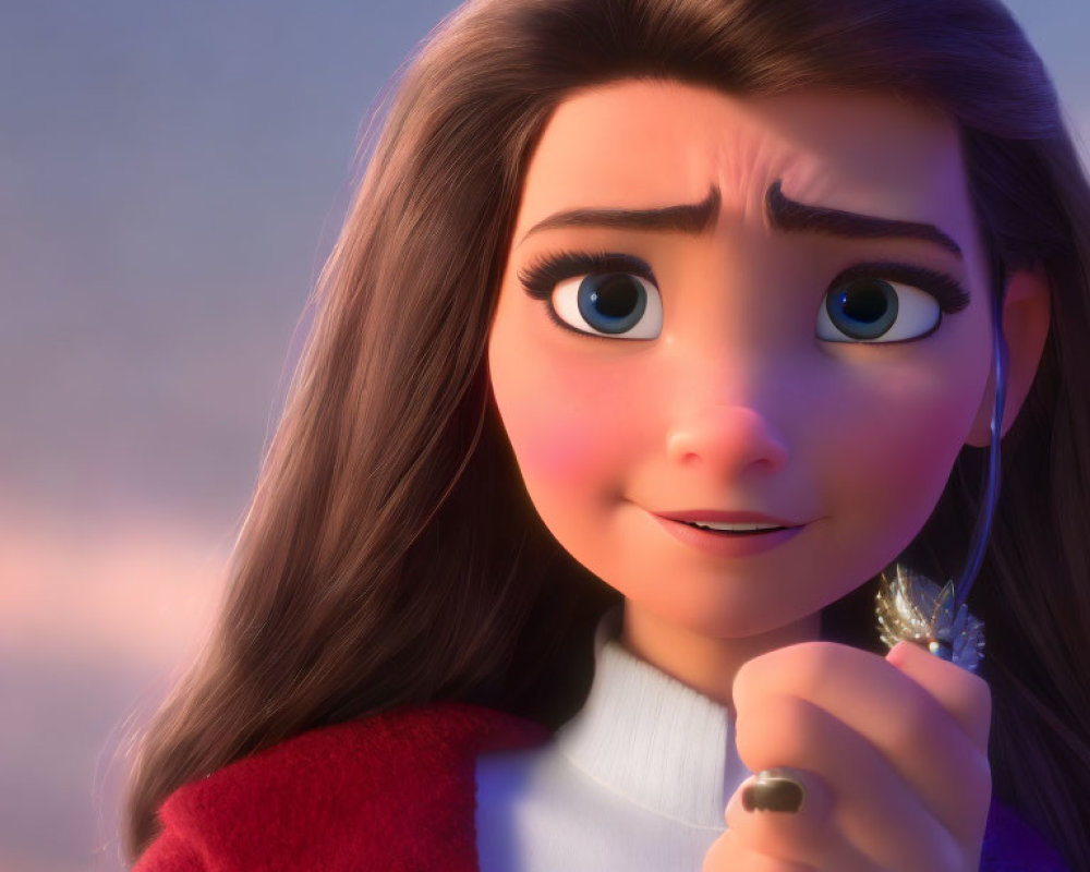 Detailed Close-Up of 3D Female Character with Large Eyes and Red Outfit