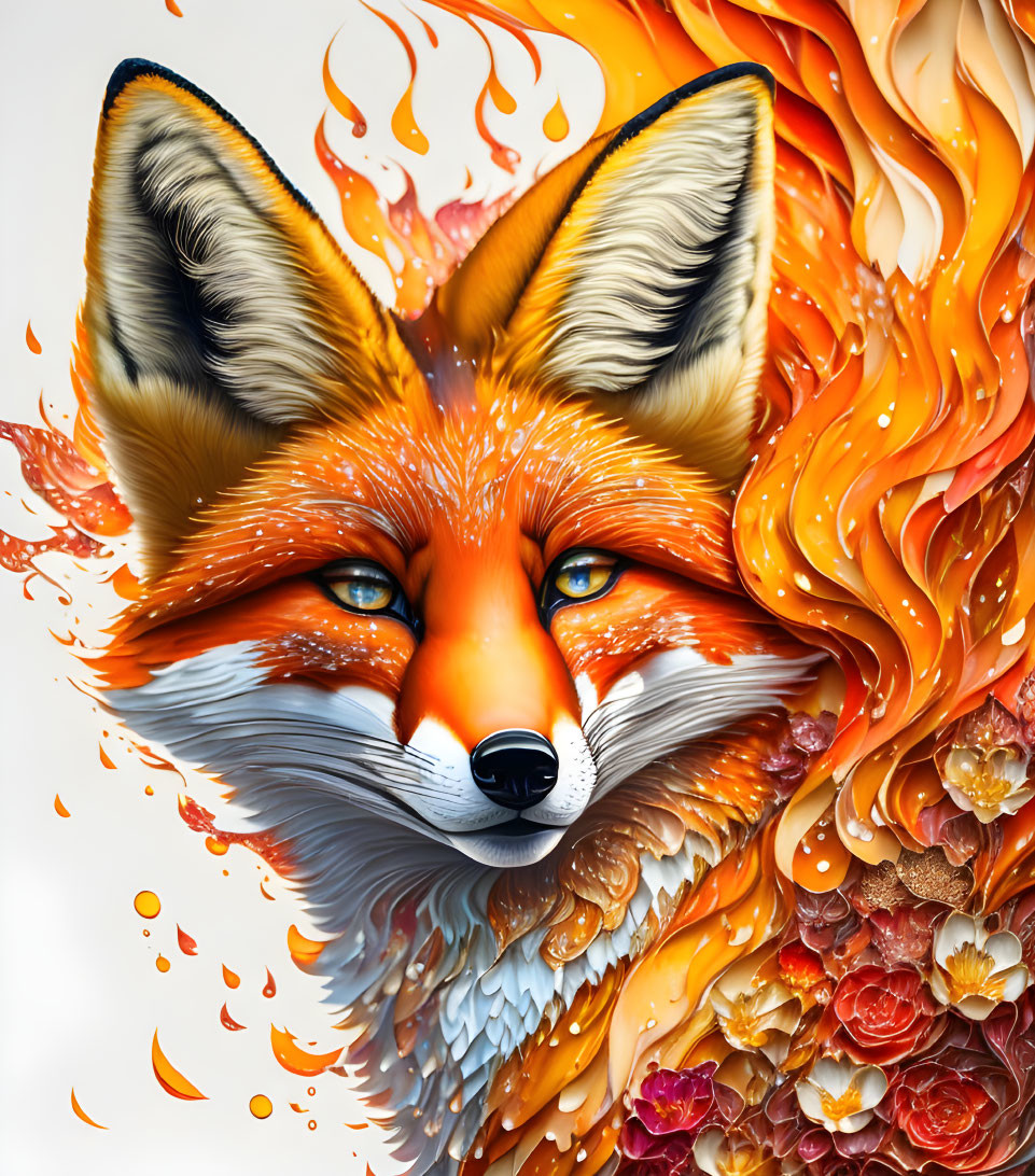 Vibrant fox illustration with fiery orange fur and floral flames on white background