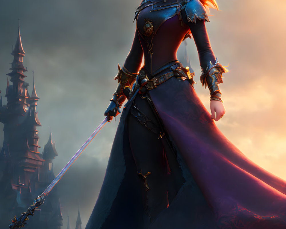 Digital artwork: Red-haired female warrior in medieval armor with sword in front of gloomy castle.