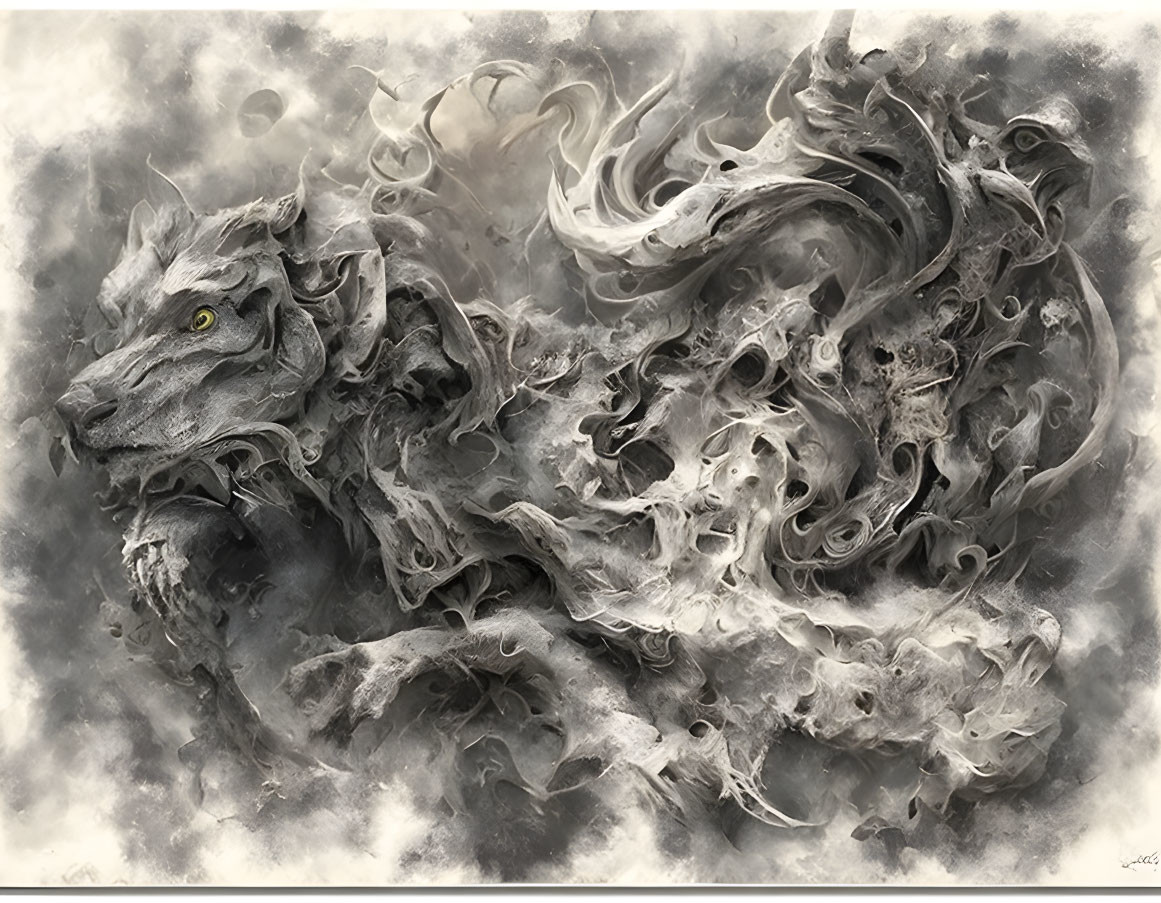 Fantastical dragon made of swirling smoke and mist with yellow eye on muted background