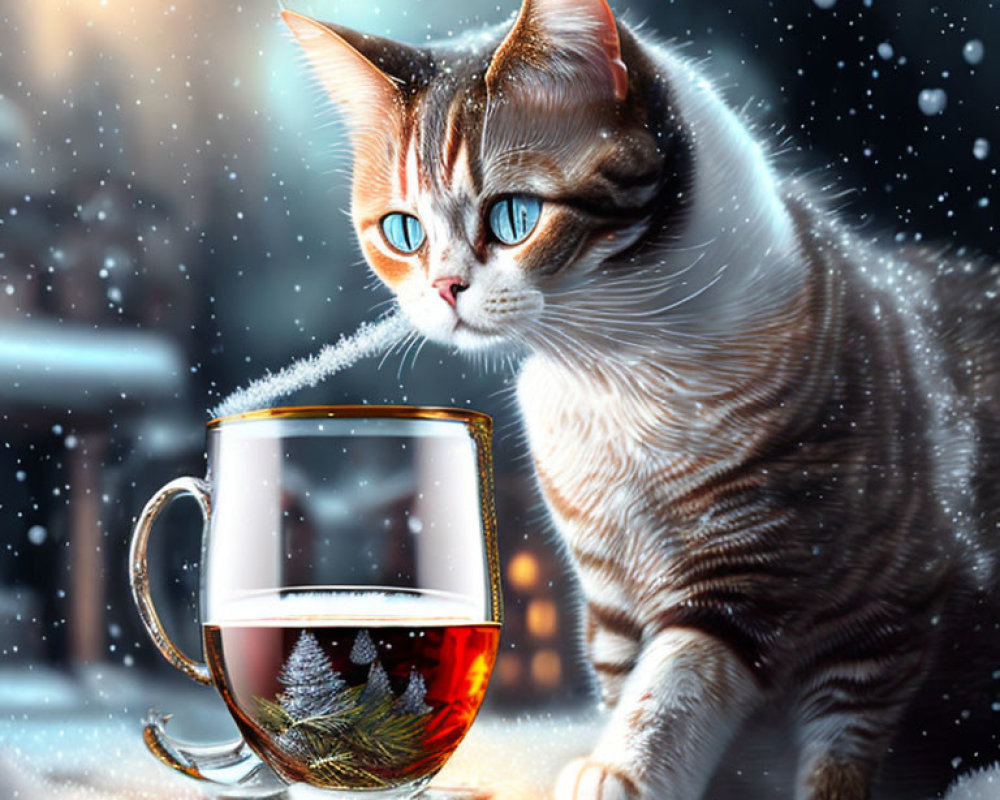 Cat beside transparent mug with tree reflection in snowy setting