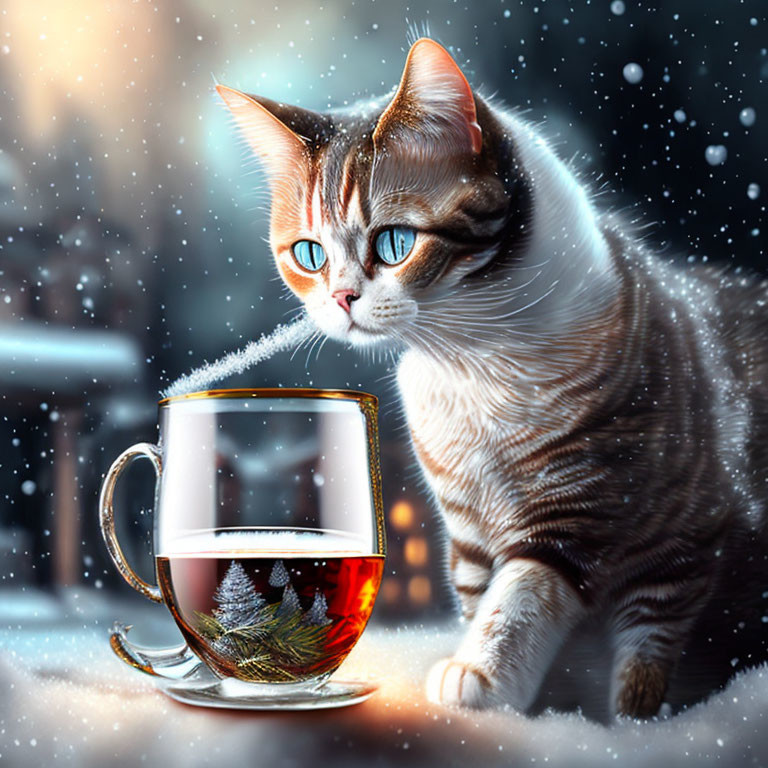 Cat beside transparent mug with tree reflection in snowy setting