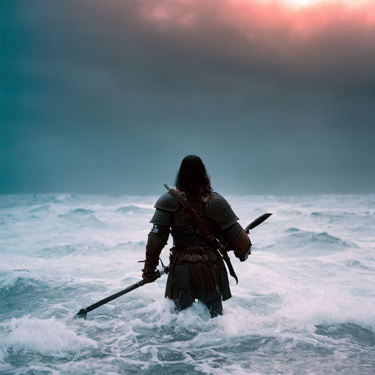 Armored warrior with sword and spear standing in ocean at dusk