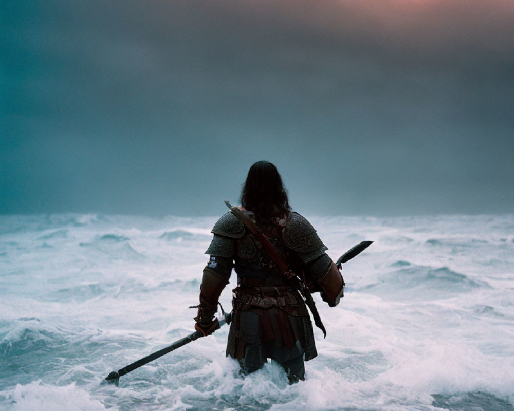 Armored warrior with sword and spear standing in ocean at dusk