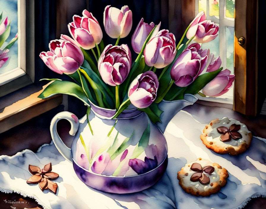 Purple and White Tulips Watercolor Painting with Cookies and Window Light