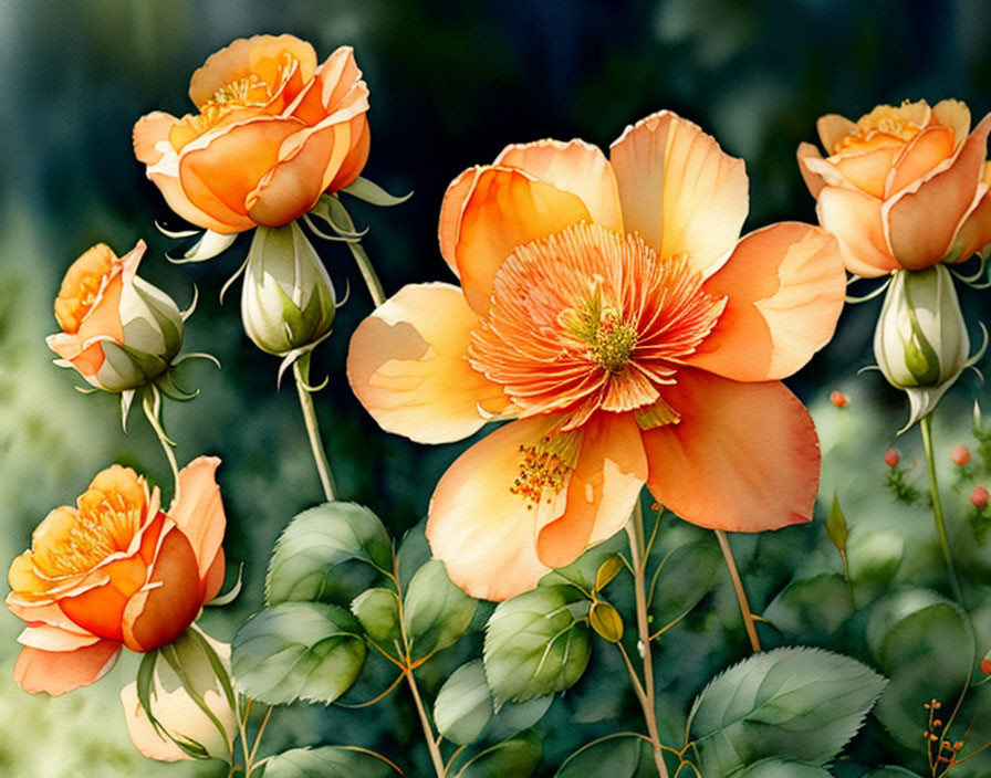 Colorful Orange Roses Illustration with Green Leaves and Buds