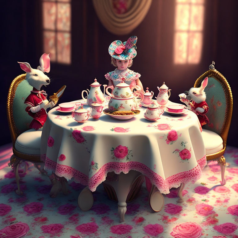 Whimsical tea party with girl and rabbits in elegant attire