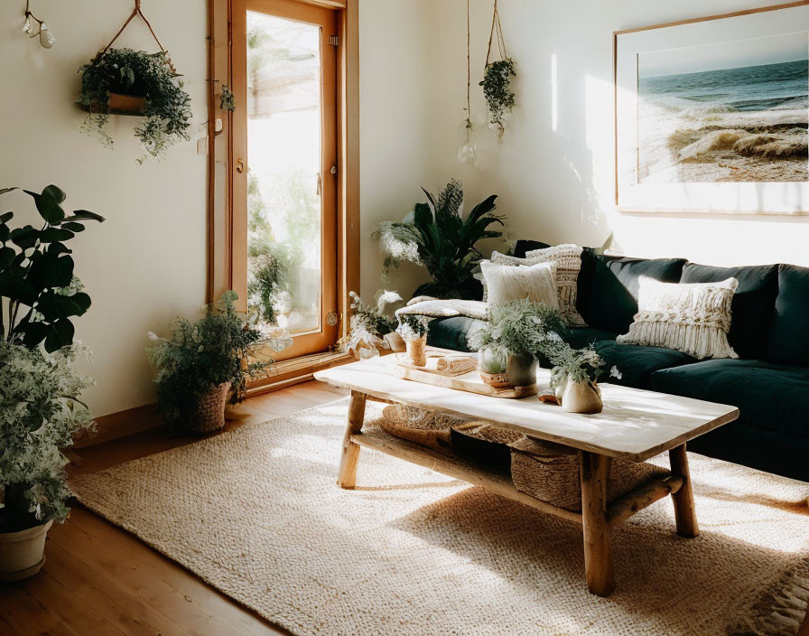 Green sofa, wooden table, plants, hanging pots, and seaside painting in cozy living room