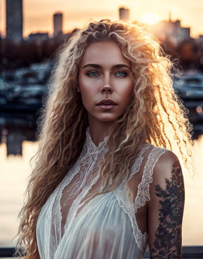 Curly Blonde Woman in White Dress with Arm Tattoo at Sunset