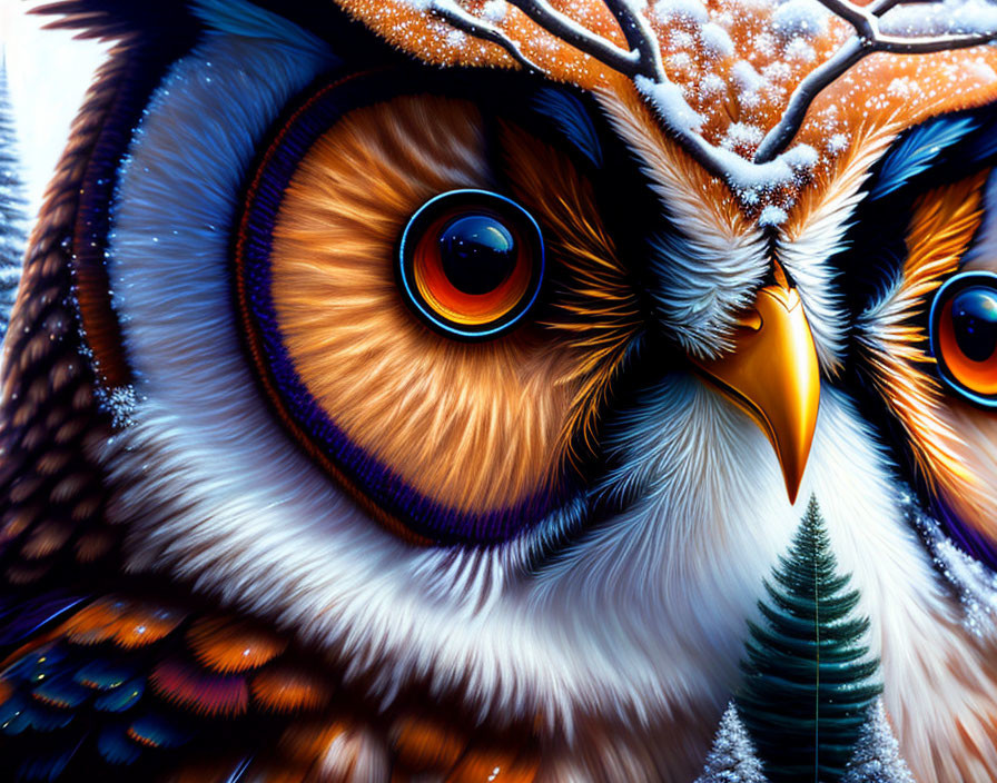 Detailed Close-Up of Owl with Striking Orange Eyes and Snowy Pine Tree Backdrop