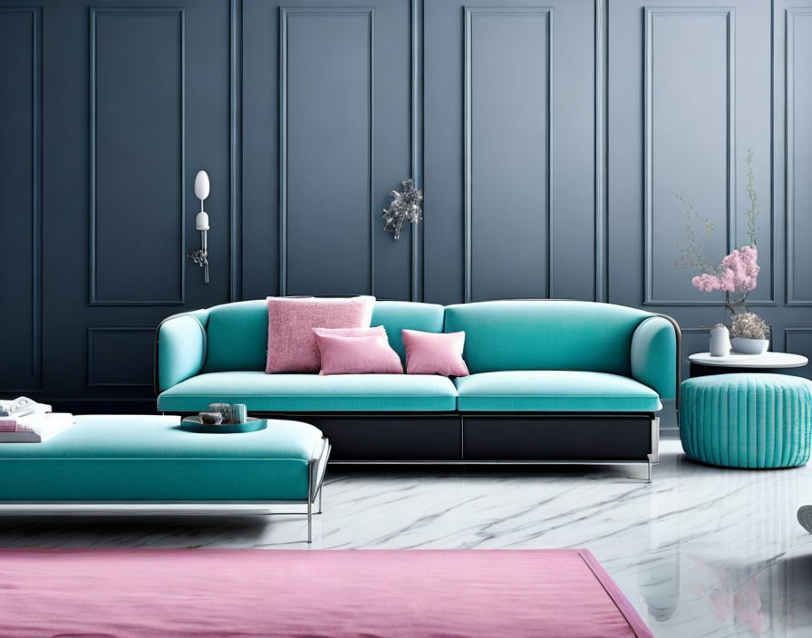 Stylish Living Room with Teal Sofa and Pink Accents