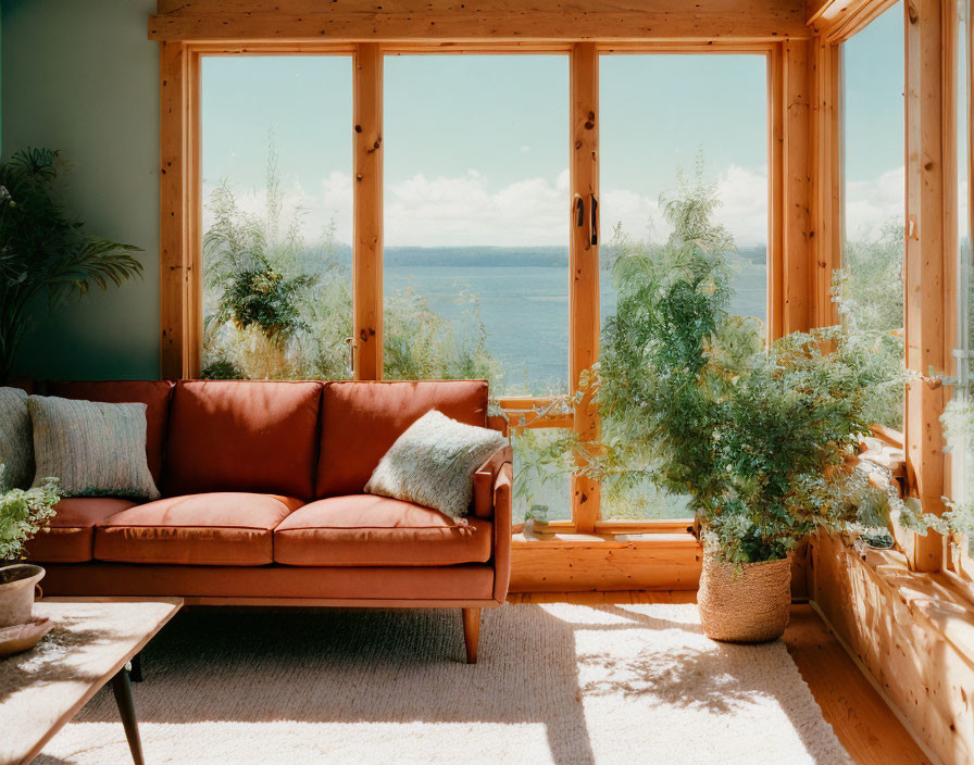 Serene Lakeside Room with Terracotta Sofa & Greenery