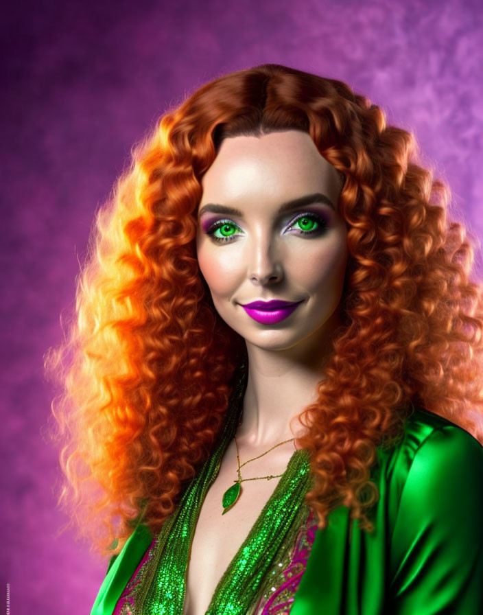 Vibrant red-haired woman in green outfit on purple background