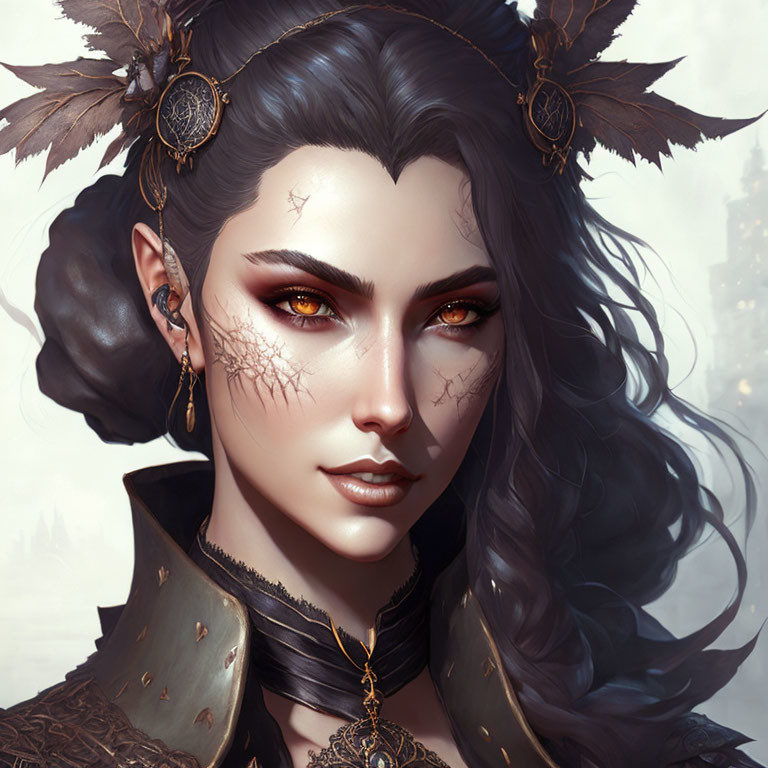 Fantasy portrait of woman with black hair, golden eyes, cracked markings, regal dark attire