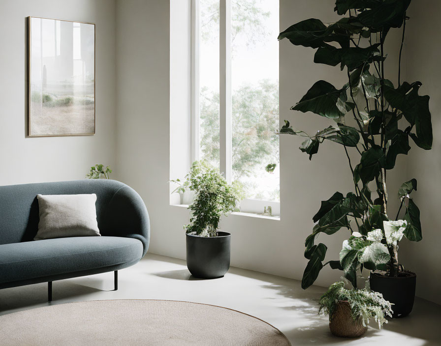 Minimalistic Living Room with Large Windows, Blue Sofa, Plants, Round Rug