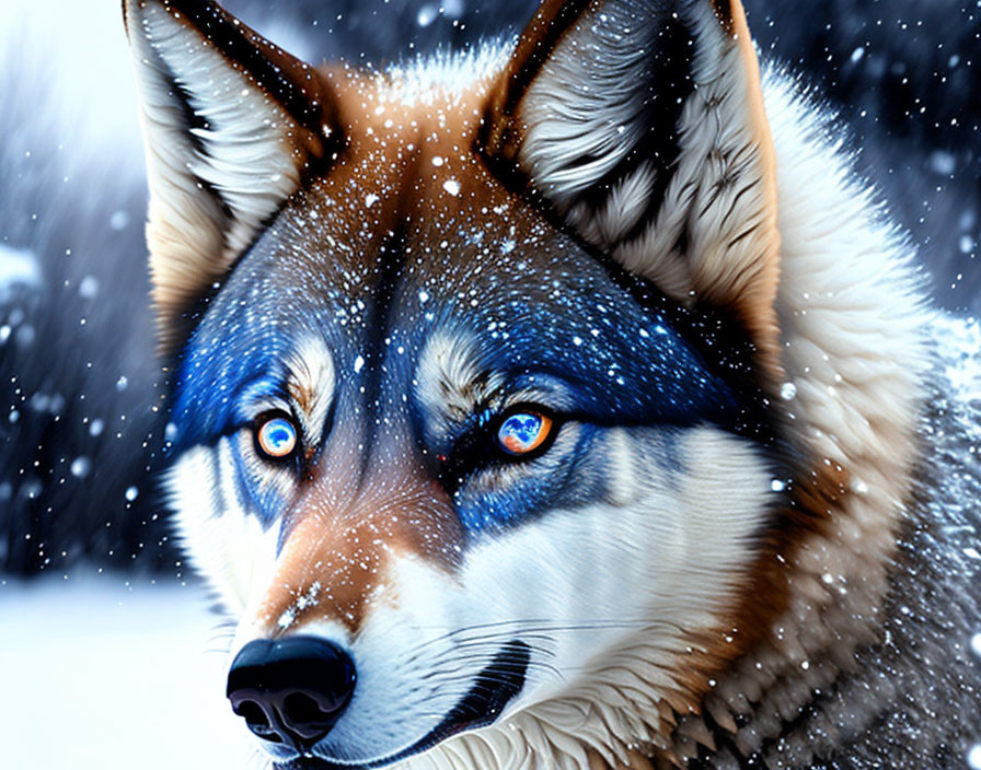 Husky with Blue Eyes in Falling Snowflakes