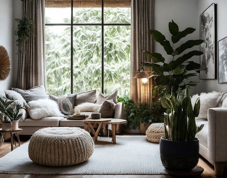 Inviting living room with plush sofas, knitted ottomans, green plants, and large windows