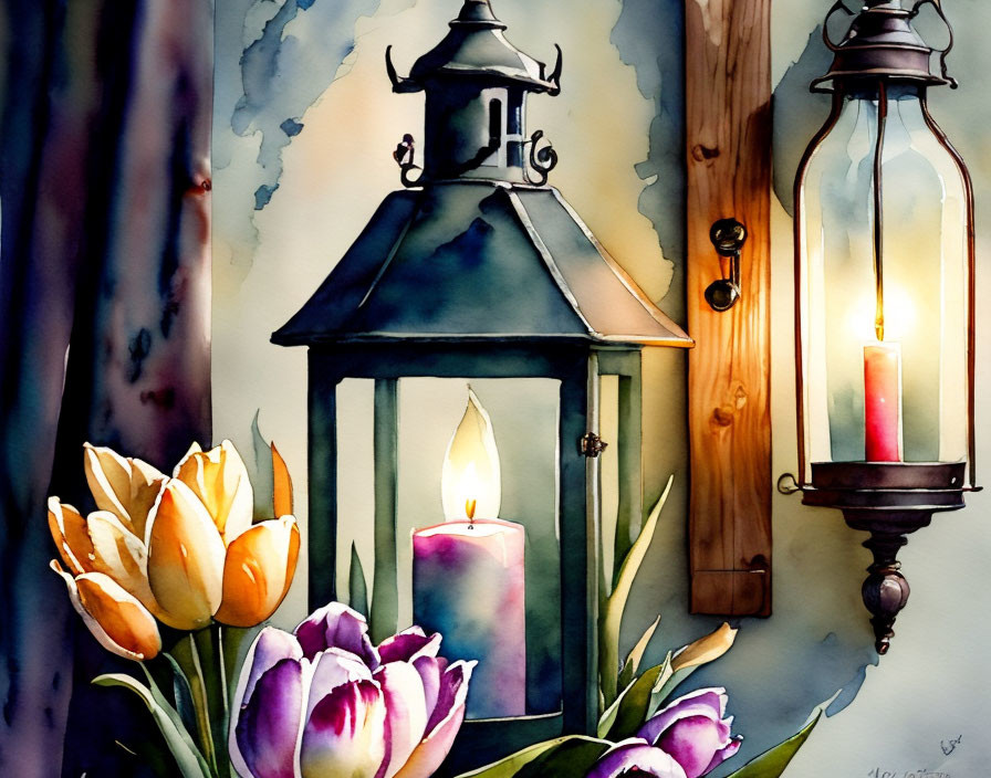 Glowing candle in lantern with tulips and wooden wall background