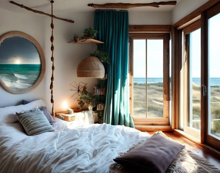 Ocean View Beach-Themed Bedroom with Wooden Accents and Plush Bedding