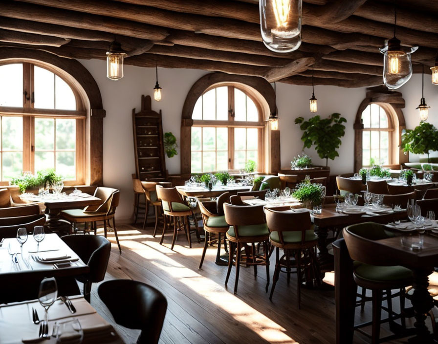 Rustic Dining Area with Wooden Beams & Arched Windows