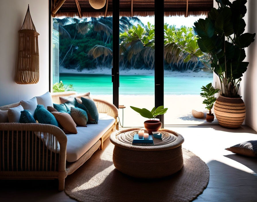 Cozy beachfront room with sofa, wicker tables, plants, and tropical beach view.