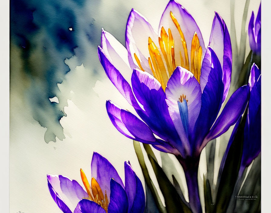 Vibrant purple crocuses with yellow stamens in watercolor style.