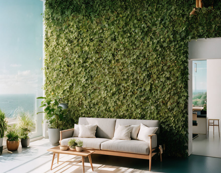 Modern Room with Large Window, Green Living Wall, Beige Sofa, Indoor Plants, Outdoor View