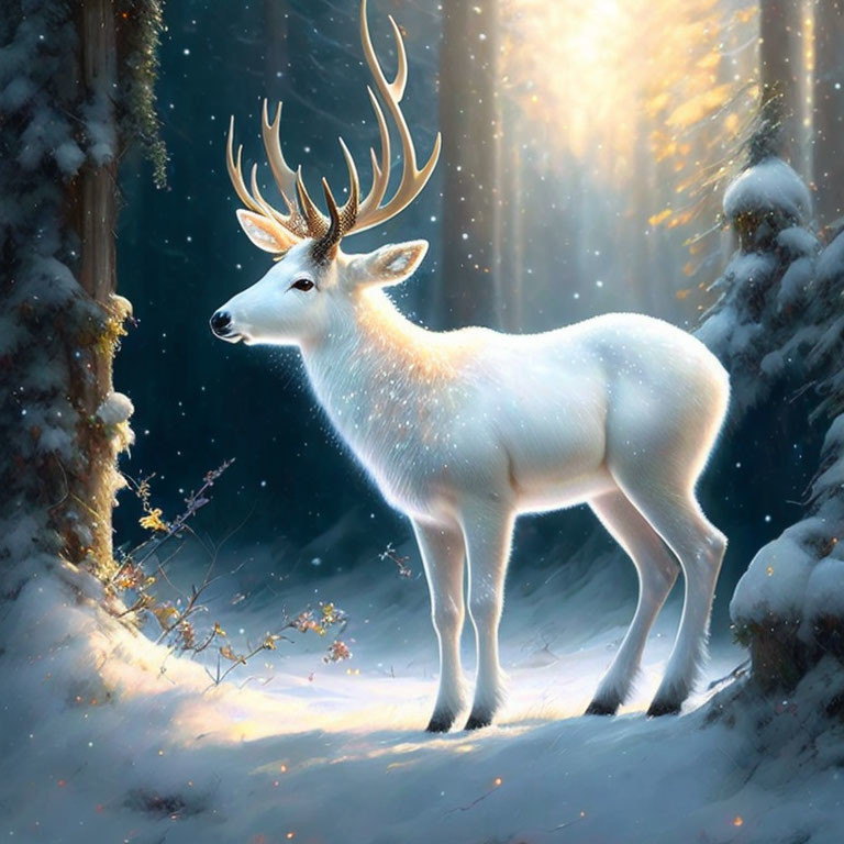 Majestic white stag with impressive antlers in snowy forest.