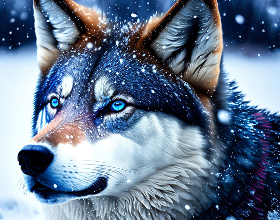 Majestic husky with blue eyes and snowflakes in wintry scene