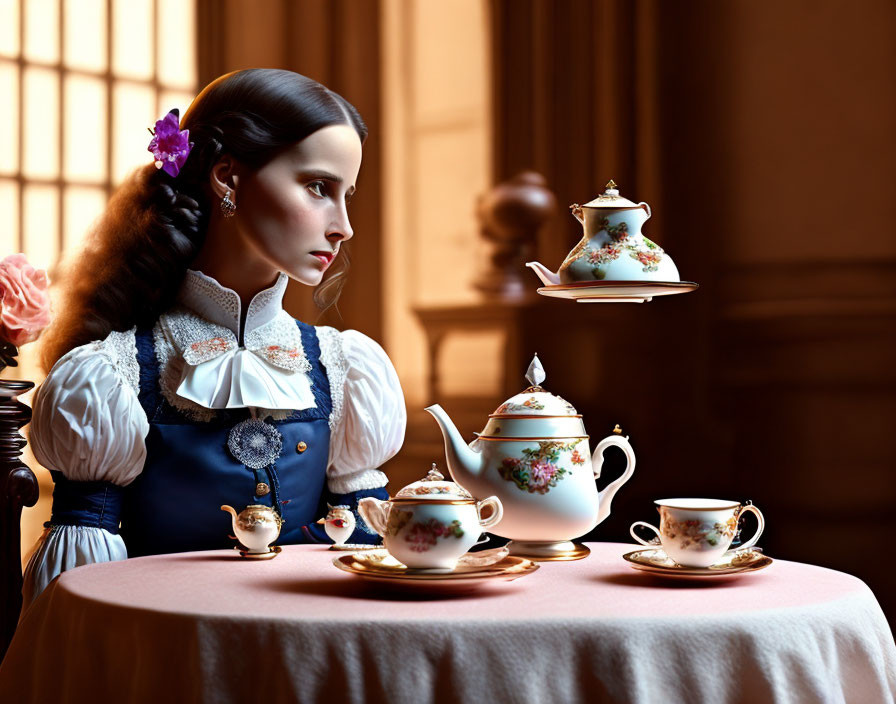 Woman in Blue and White Dress with Flower in Hair at Table with Floating Teapots in Vintage Room