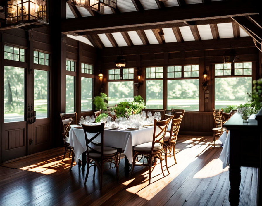 Rustic dining hall with wooden beams, large windows, set table, and wooden chairs in natural