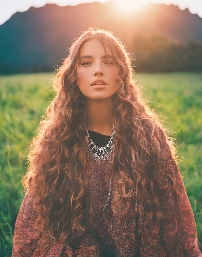 Woman with long curly hair in lace garment in sunlit field with mountains