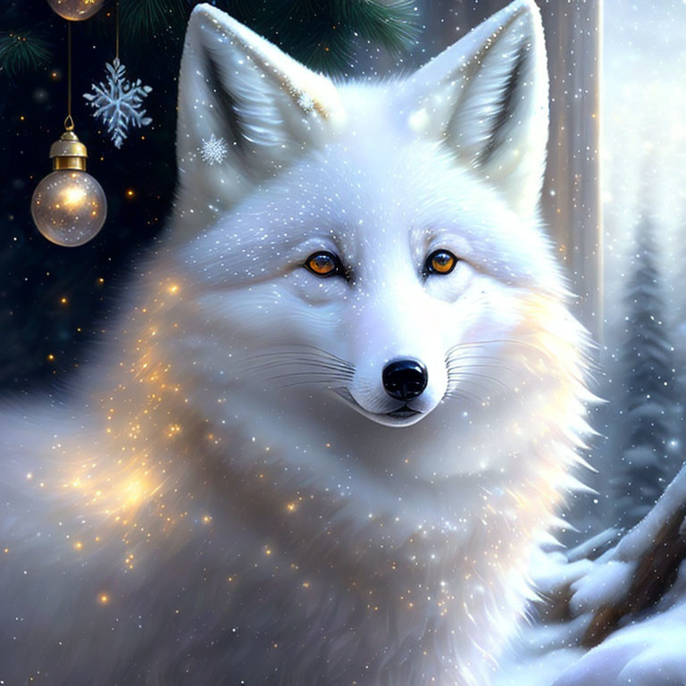 White Wolf Digital Artwork with Golden Eyes and Snowflakes