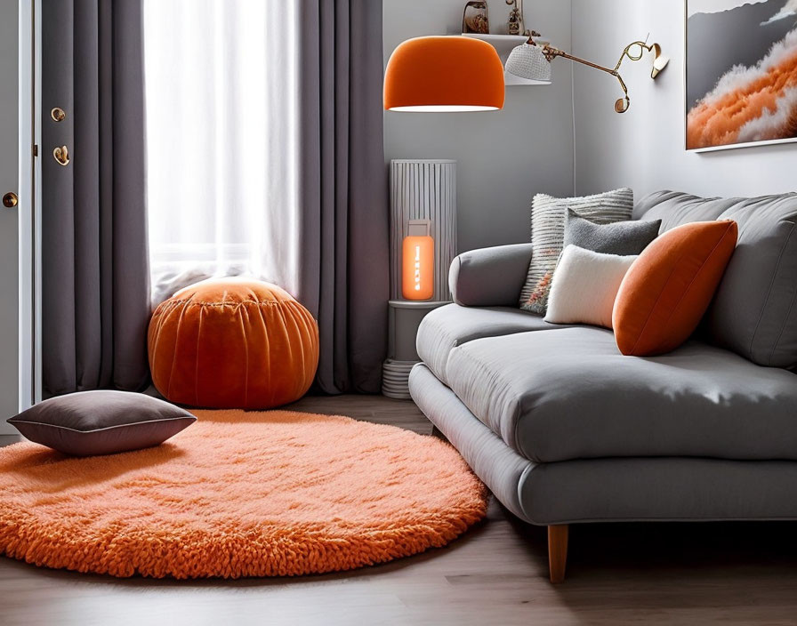 Gray sofa with orange accents, pumpkin pouf, and framed art in cozy room