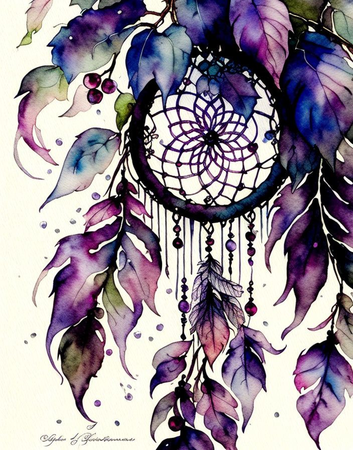 Dreamcatcher Watercolor Painting with Purple and Green Leaves