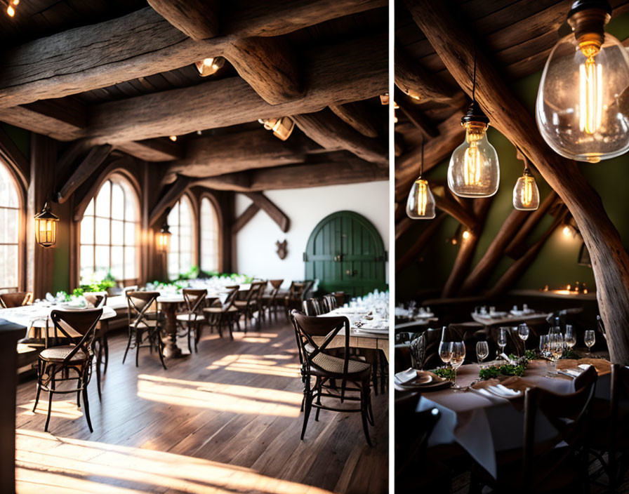 Rustic dining hall with wooden beams and lantern-style lights