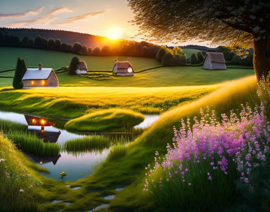 Rural sunset landscape with thatched-roof cottages and meandering stream