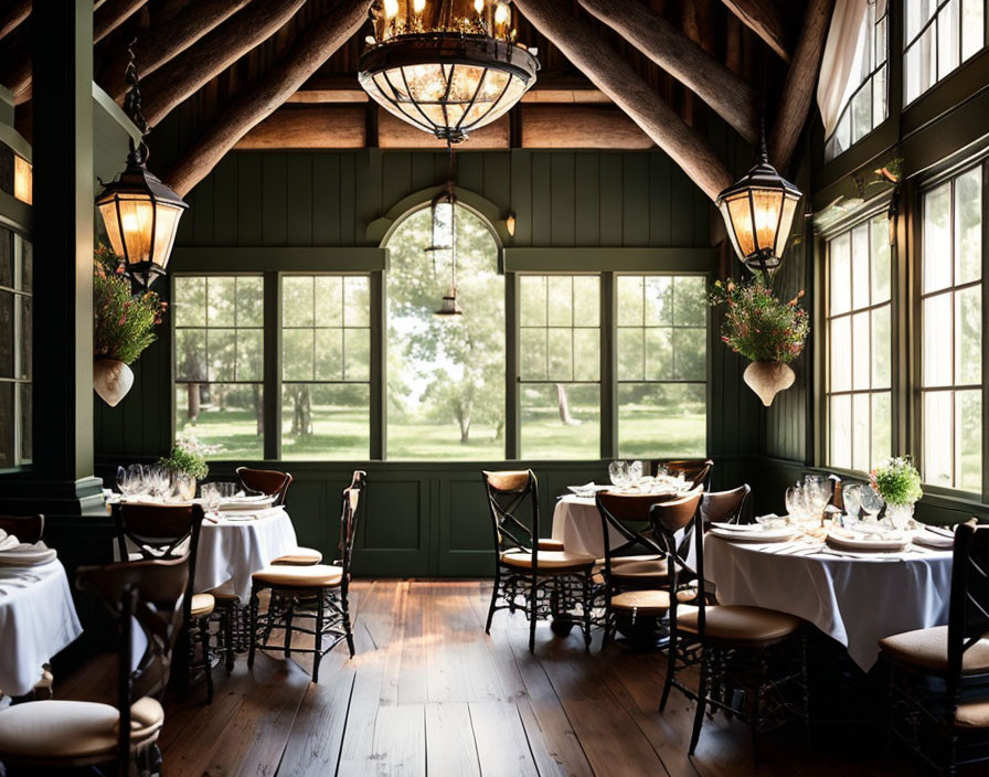 Dark Green Paneled Rustic Dining Room with Exposed Beams & Round Tables