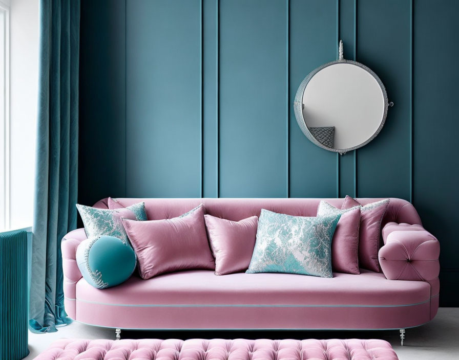 Elegant Room with Pink Tufted Sofa & Teal Accents