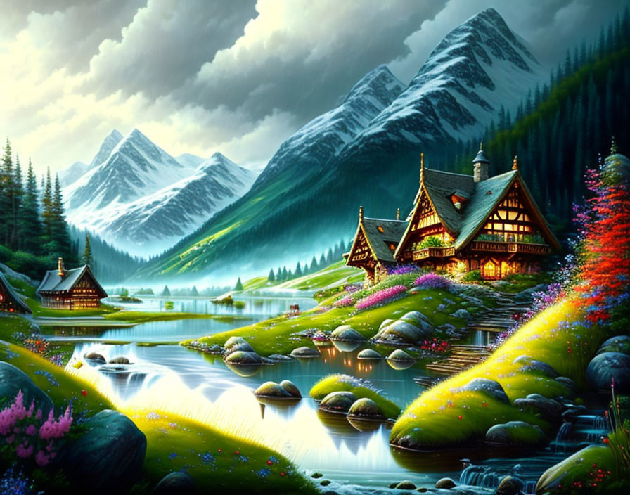 Fantasy landscape with cozy cottages, river, greenery, flowers, mountains, and tranquil sky