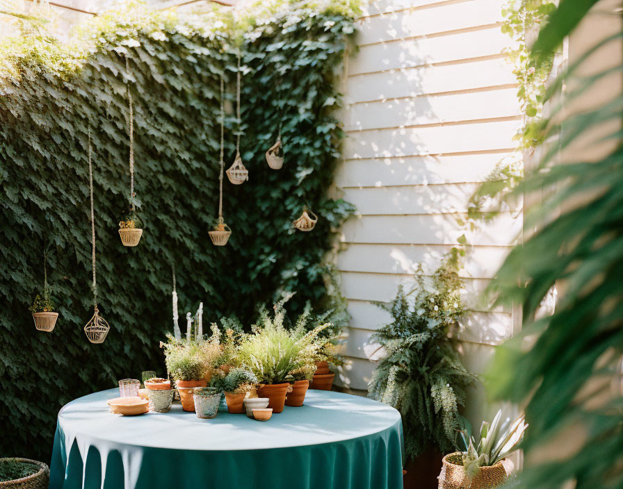 Tranquil garden corner with round table and teal cloth, surrounded by plants and ivy wall