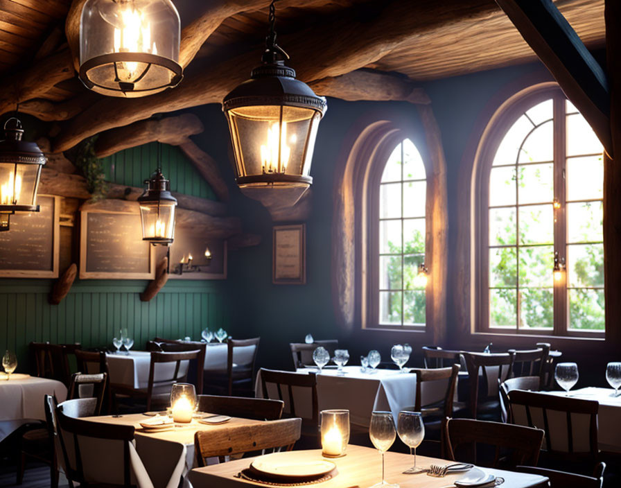 Warmly lit cozy restaurant interior with set tables and arch windows