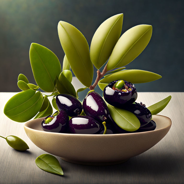 Fresh Green Leaves with Glossy Black Olives on Table