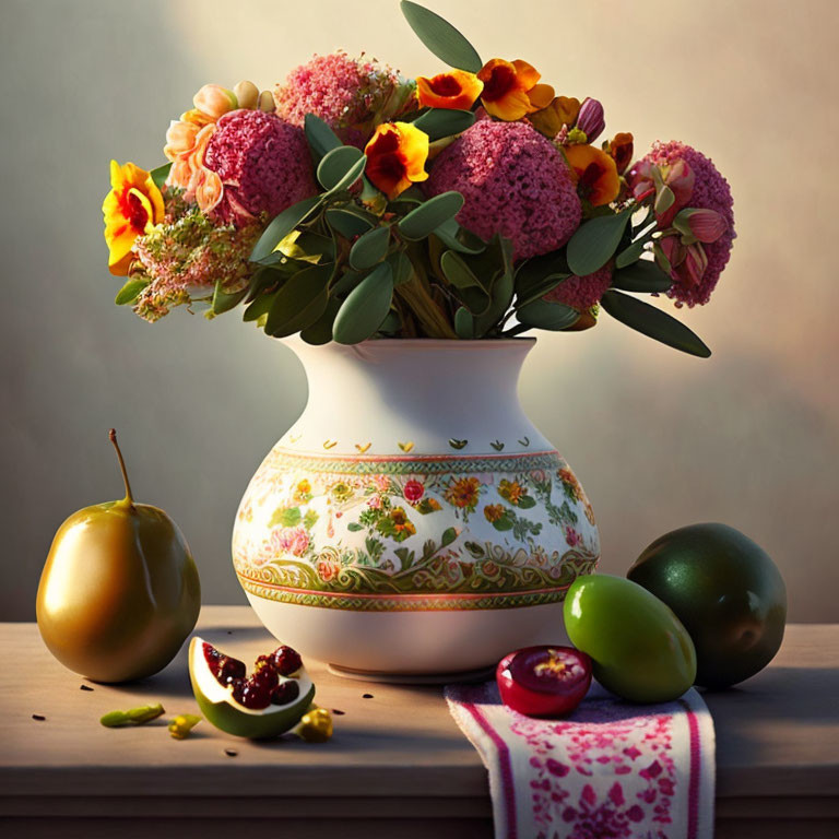 Vibrant bouquet and fruits in ornate vase on wooden surface