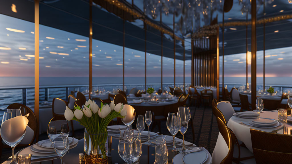 Luxurious Cruise Ship Dining Room with Sunset Ocean View