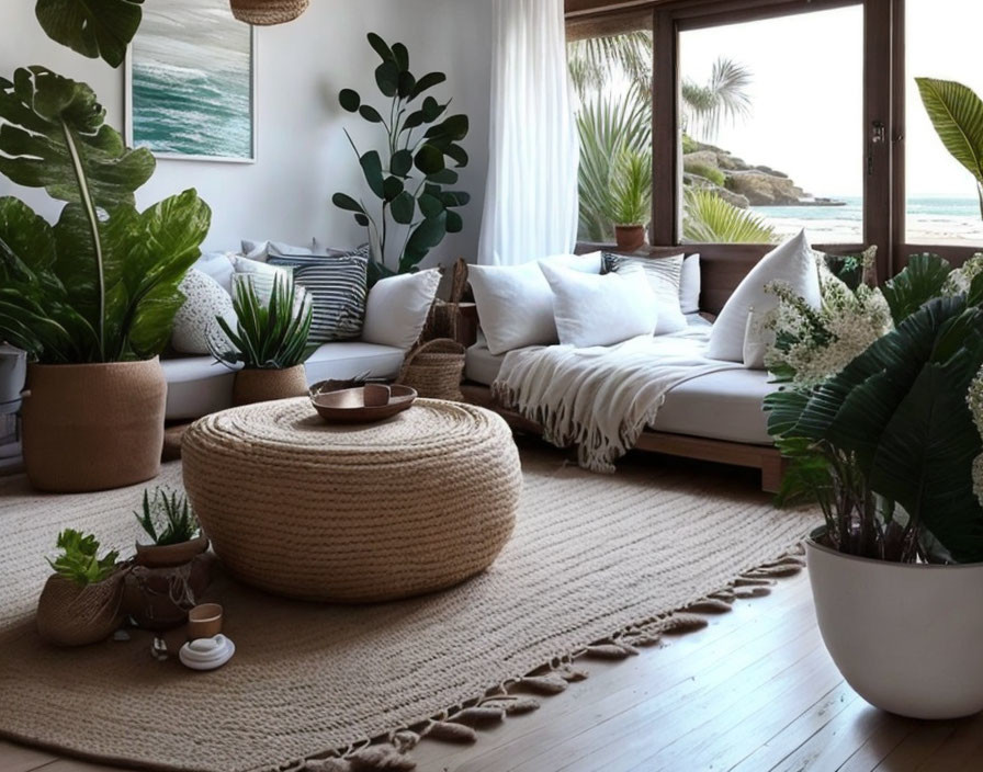 White Sofa, Woven Pouf, Plants, and Ocean View in Cozy Beach-Style Interior