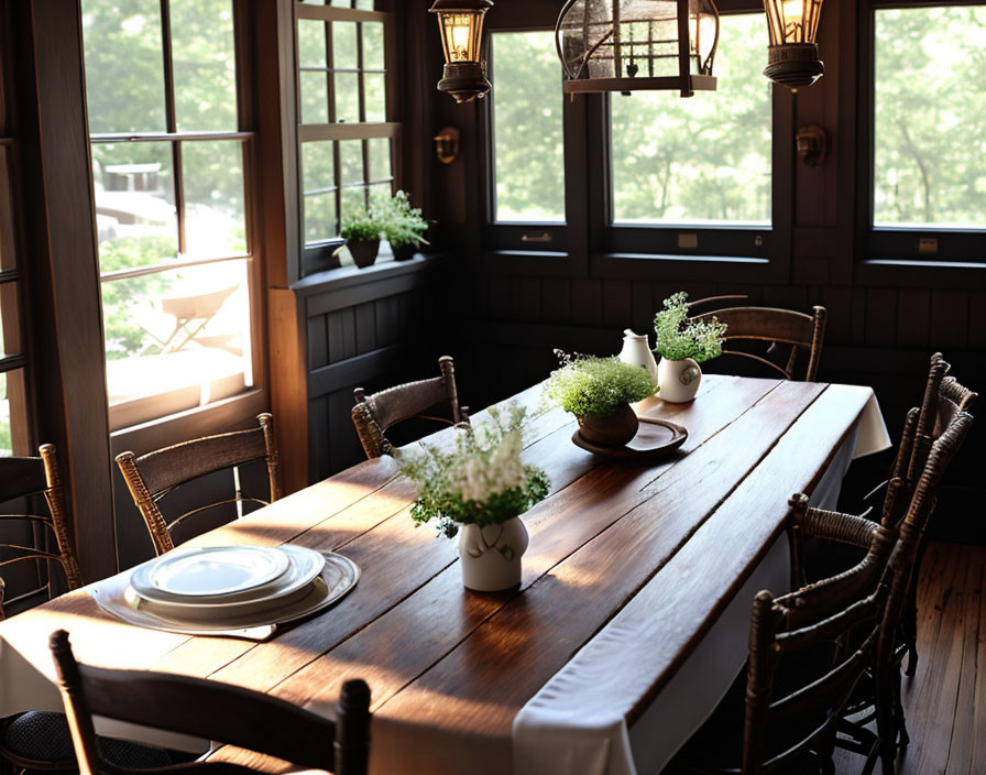 Rustic dining area with wooden table for two and pendant lights